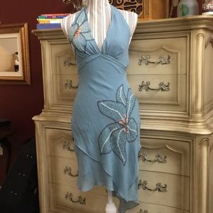 Bcbg silk embroidered halter sun dress